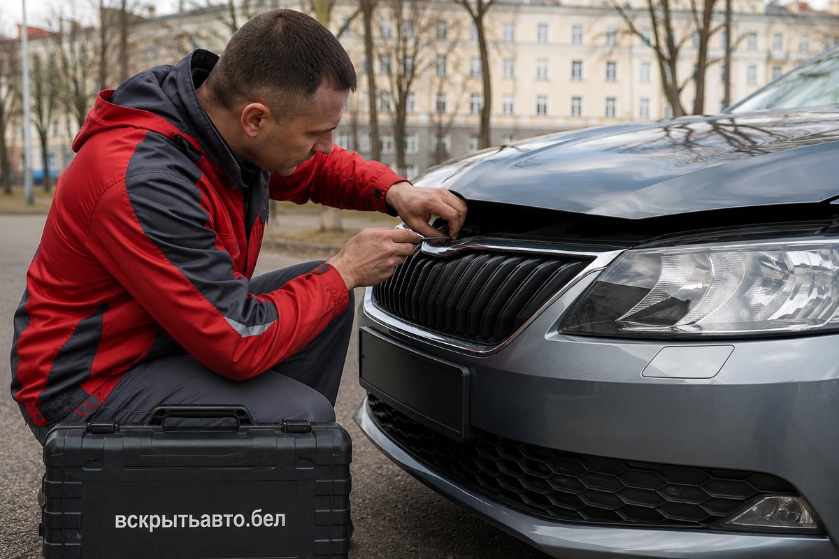 Мастер открывает капот автомобиля